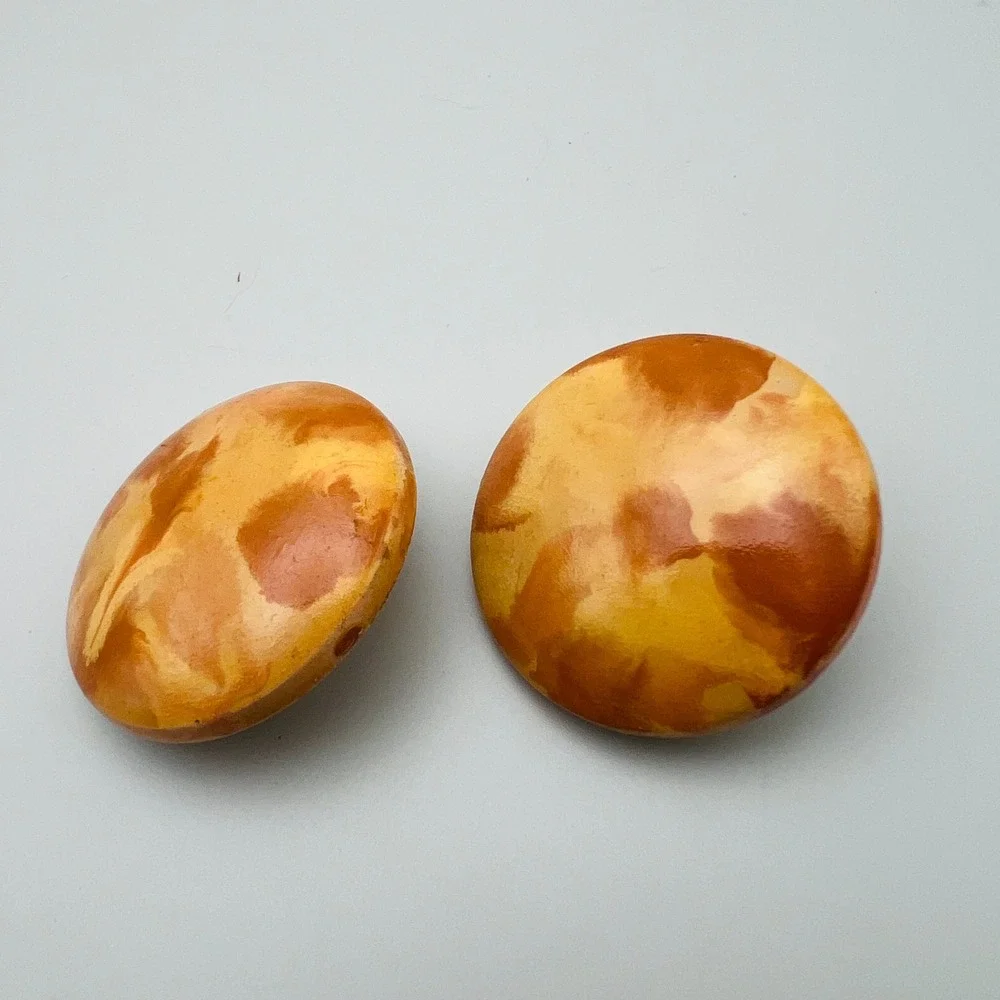 Vintage Yellow Marbled Clip On Earrings Round Button Statement Retro